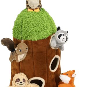 Hide and Seek Dog Puzzle Puppy Toys, Interactive Squeaky Plush, Stuffed Toys for Dogs (Sheep, Panda, Forest Animals) (Tree Hole Mix Large)